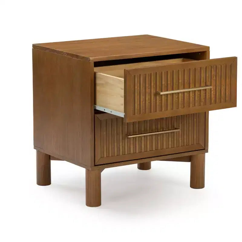 Fluted 2-Drawer Solid Pine Nightstand with Brass-Toned Pulls & Rounded Legs