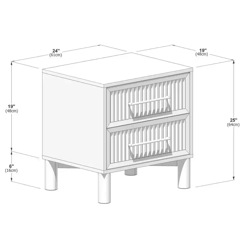 Fluted 2-Drawer Solid Pine Nightstand with Brass-Toned Pulls & Rounded Legs