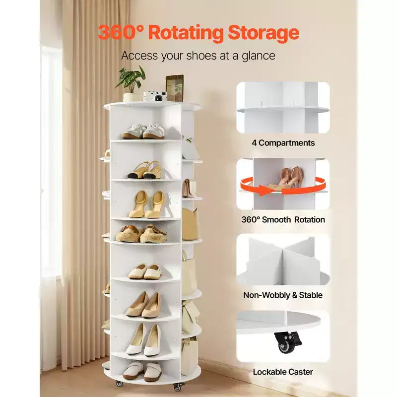 7-Tier 360° Rotating Shoe Rack Tower for 28 Pairs, Adjustable Shelves & Wheels