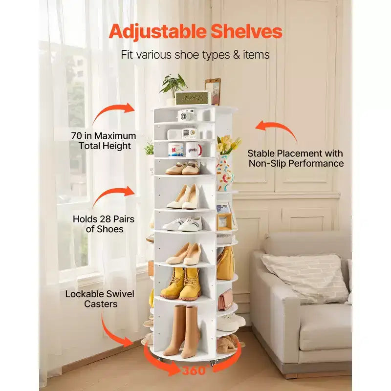 7-Tier 360° Rotating Shoe Rack Tower for 28 Pairs, Adjustable Shelves & Wheels