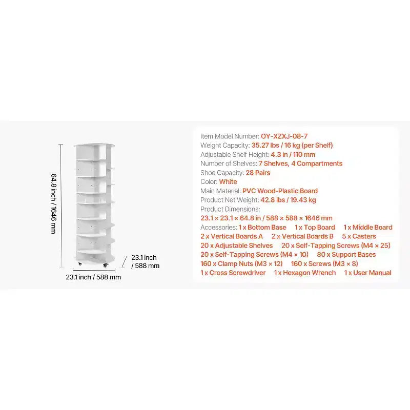 7-Tier 360° Rotating Shoe Rack Tower for 28 Pairs, Adjustable Shelves & Wheels