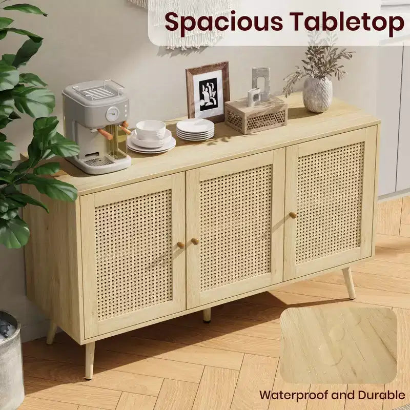 Rattan Sideboard Buffet Cabinet, Storage Cabinet with Adjustable Shelves, Credenza, Coffee Car for Living Room, Entryway, Kitchen, Dining Room
