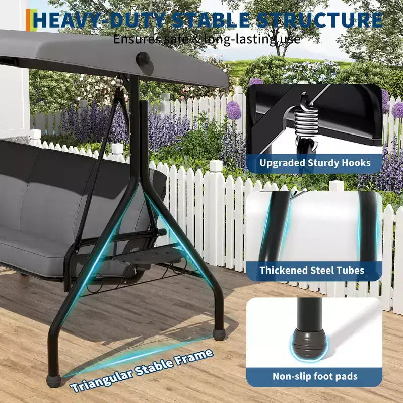 3 Seat Outdoor Porch Swing, 2-in-1 Patio Swing Chair, Thickened Removable Cushions, Adjustable Canopy, Weather Resistant Steel Frame