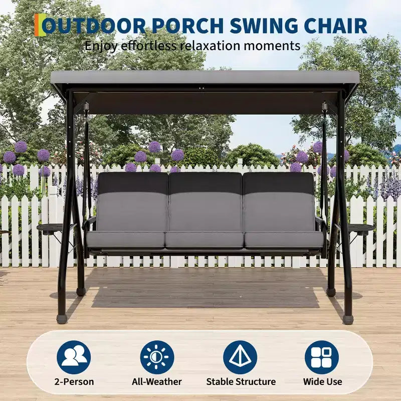 3 Seat Outdoor Porch Swing, 2-in-1 Patio Swing Chair, Thickened Removable Cushions, Adjustable Canopy, Weather Resistant Steel Frame
