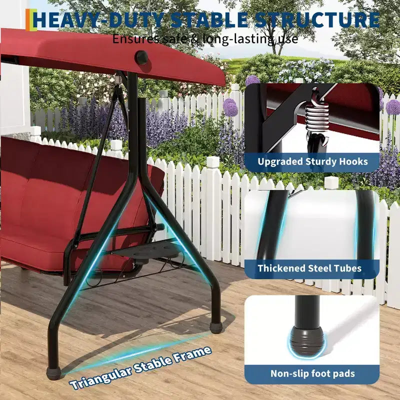 3 Seat Outdoor Porch Swing, 2-in-1 Patio Swing Chair, Thickened Removable Cushions, Adjustable Canopy, Weather Resistant Steel Frame