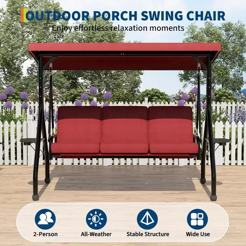 3 Seat Outdoor Porch Swing, 2-in-1 Patio Swing Chair, Thickened Removable Cushions, Adjustable Canopy, Weather Resistant Steel Frame
