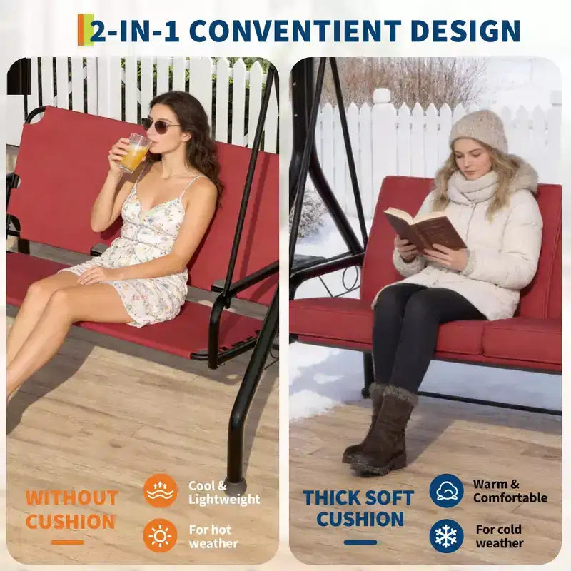 3 Seat Outdoor Porch Swing, 2-in-1 Patio Swing Chair, Thickened Removable Cushions, Adjustable Canopy, Weather Resistant Steel Frame