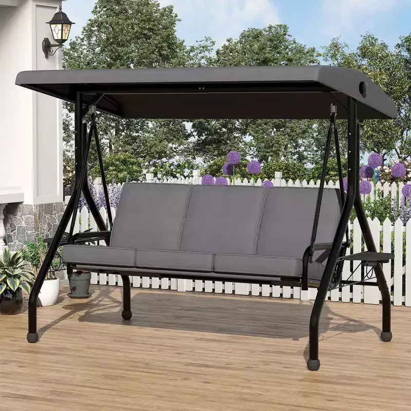 3 Seat Outdoor Porch Swing, 2-in-1 Patio Swing Chair, Thickened Removable Cushions, Adjustable Canopy, Weather Resistant Steel Frame