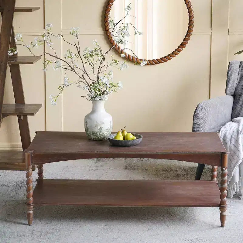 Rustic Pine Wood Coffee Table with Turned Spiral Legs & Open Lower Shelf, 47"W