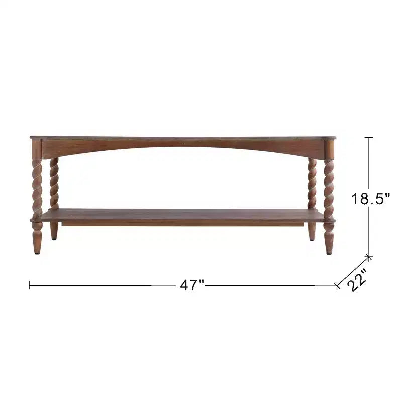 Rustic Pine Wood Coffee Table with Turned Spiral Legs & Open Lower Shelf, 47"W
