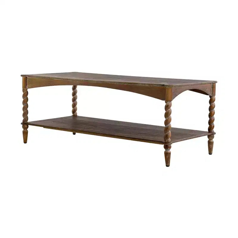Rustic Pine Wood Coffee Table with Turned Spiral Legs & Open Lower Shelf, 47"W