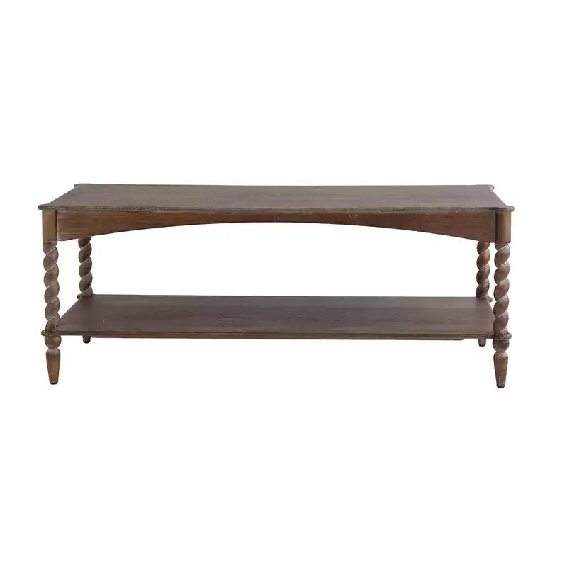 Rustic Pine Wood Coffee Table with Turned Spiral Legs & Open Lower Shelf, 47"W