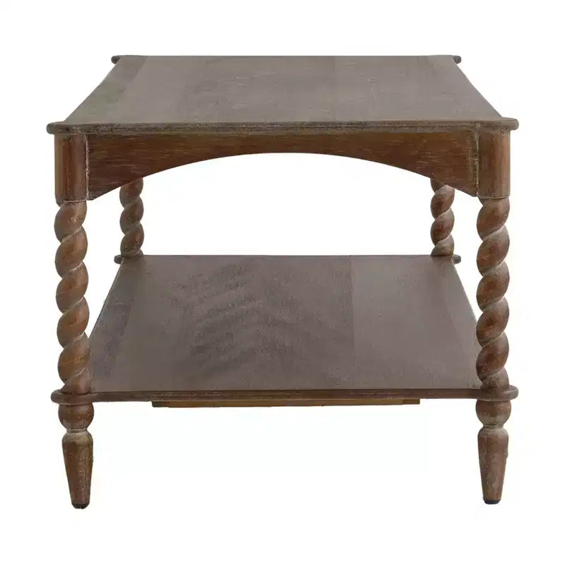 Rustic Pine Wood Coffee Table with Turned Spiral Legs & Open Lower Shelf, 47"W