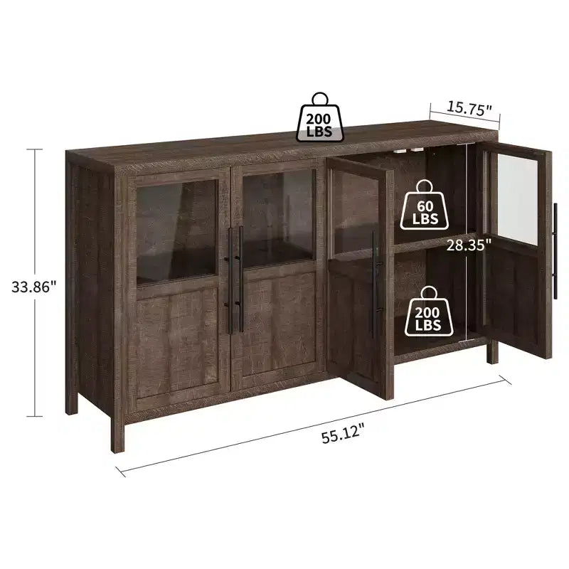 55 Sideboard Buffet Cabinet with 4 Glass Doors - Wine Bar Display Cabinet for Kitchen Dining Room Living Room