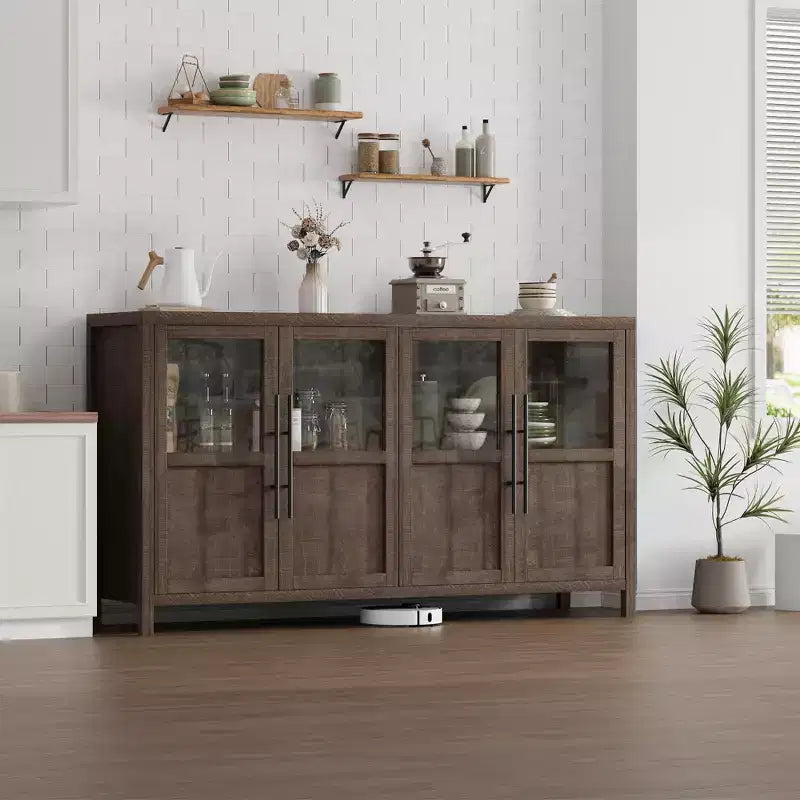 55 Sideboard Buffet Cabinet with 4 Glass Doors - Wine Bar Display Cabinet for Kitchen Dining Room Living Room