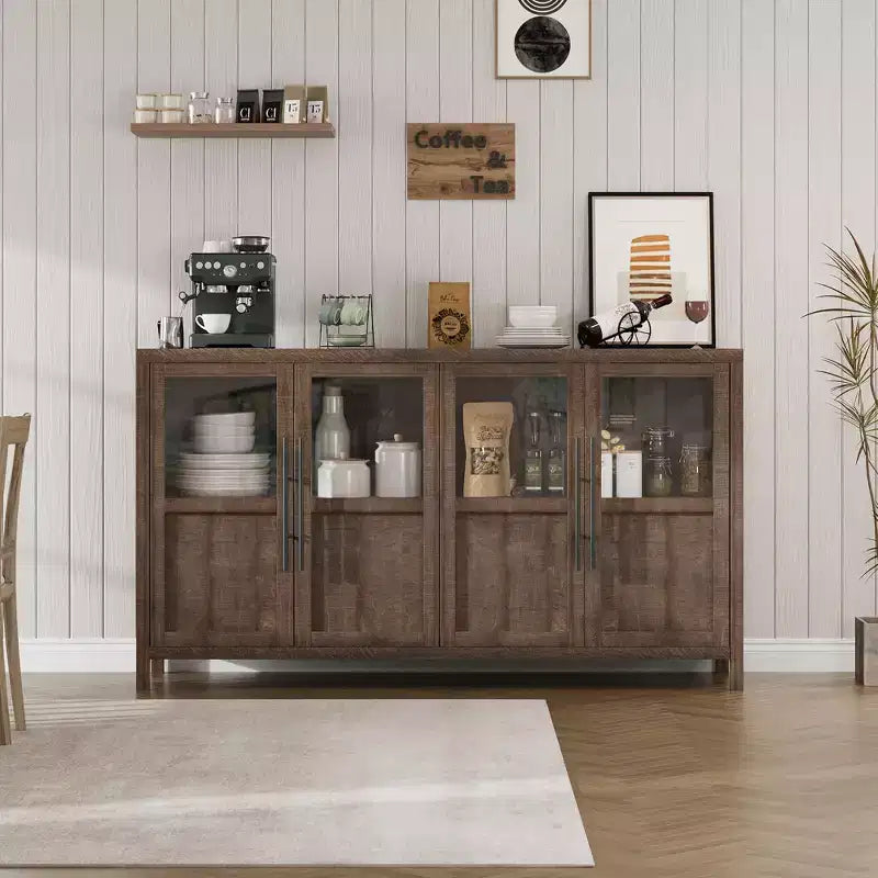 55 Sideboard Buffet Cabinet with 4 Glass Doors - Wine Bar Display Cabinet for Kitchen Dining Room Living Room
