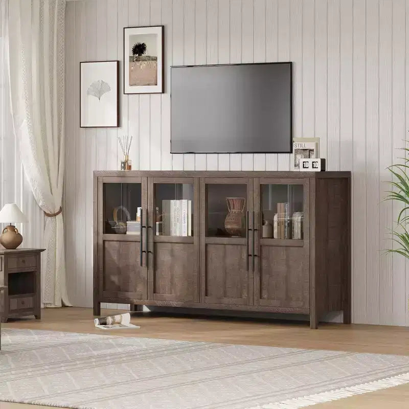 55 Sideboard Buffet Cabinet with 4 Glass Doors - Wine Bar Display Cabinet for Kitchen Dining Room Living Room