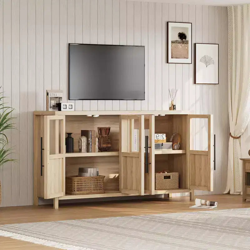 55 Sideboard Buffet Cabinet with 4 Glass Doors - Wine Bar Display Cabinet for Kitchen Dining Room Living Room