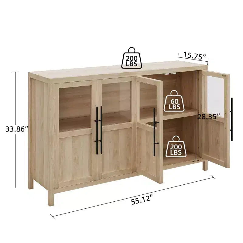 55 Sideboard Buffet Cabinet with 4 Glass Doors - Wine Bar Display Cabinet for Kitchen Dining Room Living Room