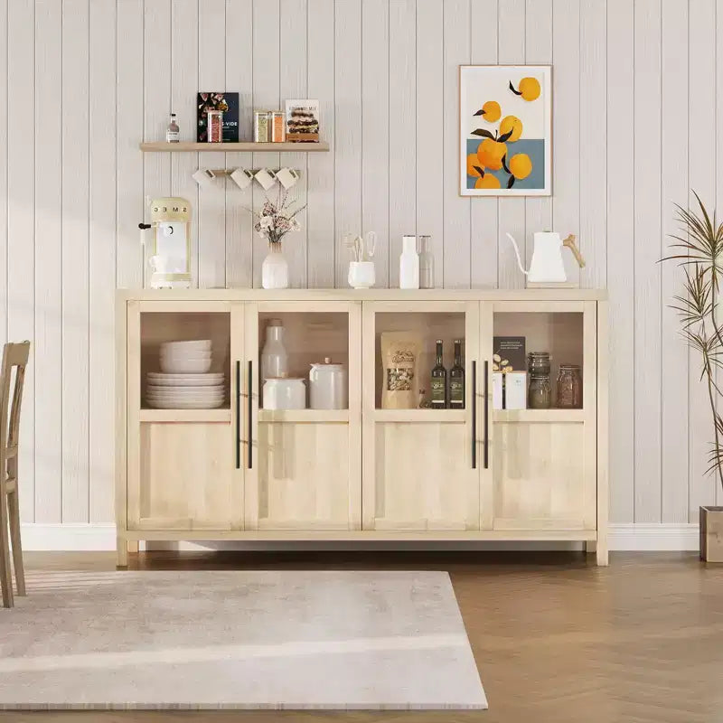 55 Sideboard Buffet Cabinet with 4 Glass Doors - Wine Bar Display Cabinet for Kitchen Dining Room Living Room