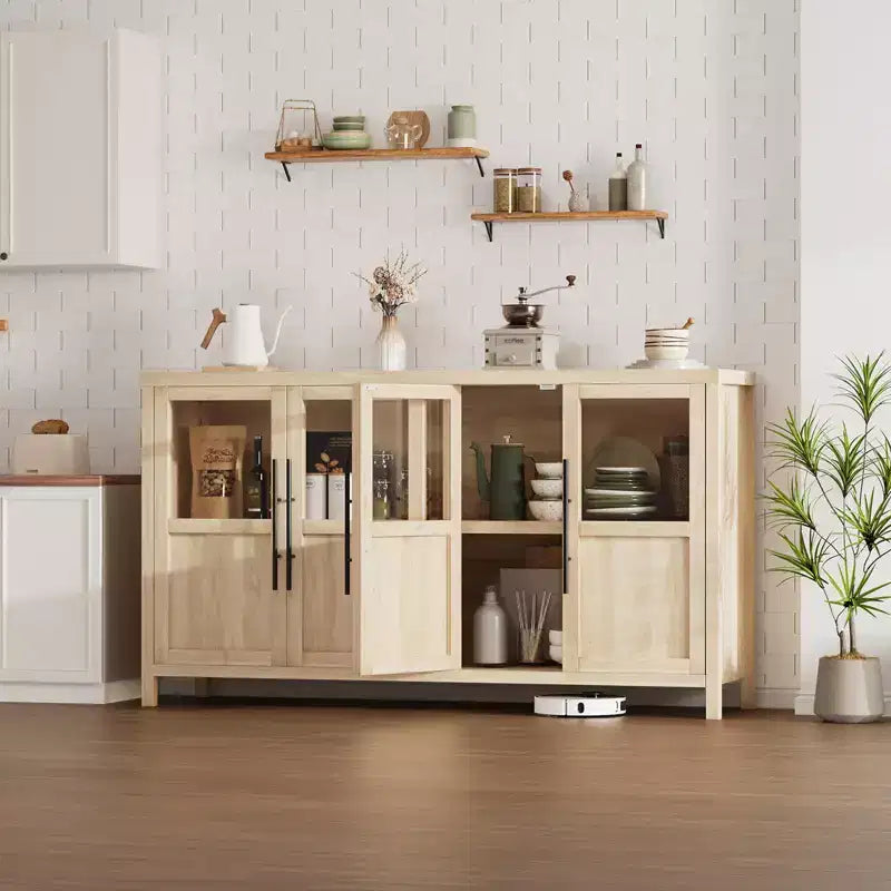 55 Sideboard Buffet Cabinet with 4 Glass Doors - Wine Bar Display Cabinet for Kitchen Dining Room Living Room