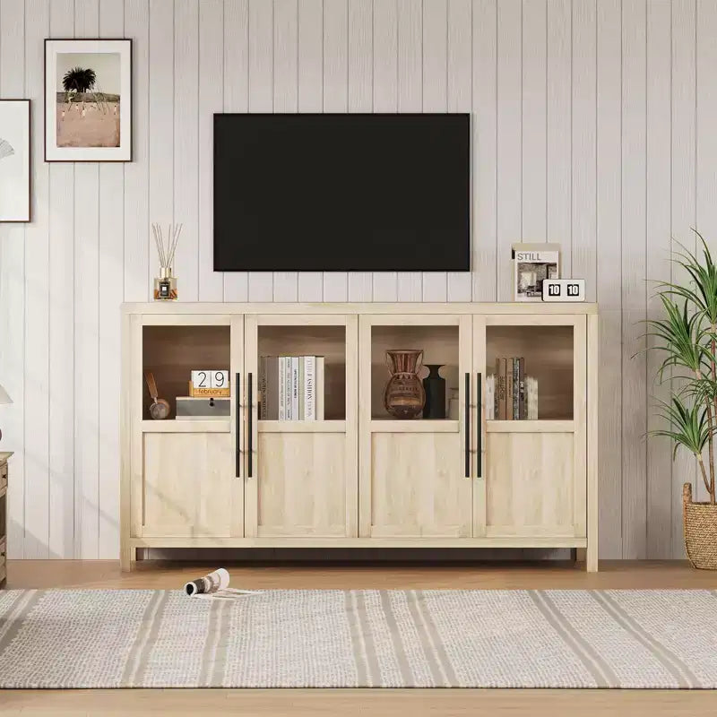 55 Sideboard Buffet Cabinet with 4 Glass Doors - Wine Bar Display Cabinet for Kitchen Dining Room Living Room