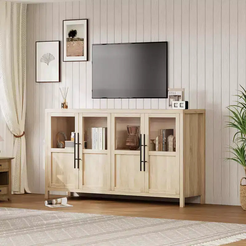 55 Sideboard Buffet Cabinet with 4 Glass Doors - Wine Bar Display Cabinet for Kitchen Dining Room Living Room
