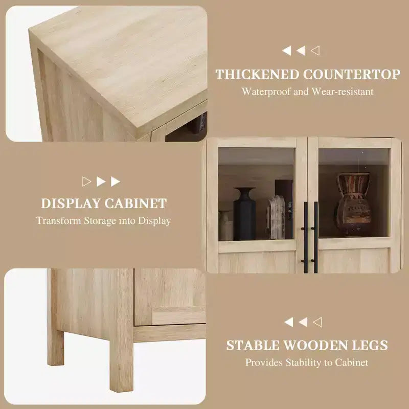 55 Sideboard Buffet Cabinet with 4 Glass Doors - Wine Bar Display Cabinet for Kitchen Dining Room Living Room
