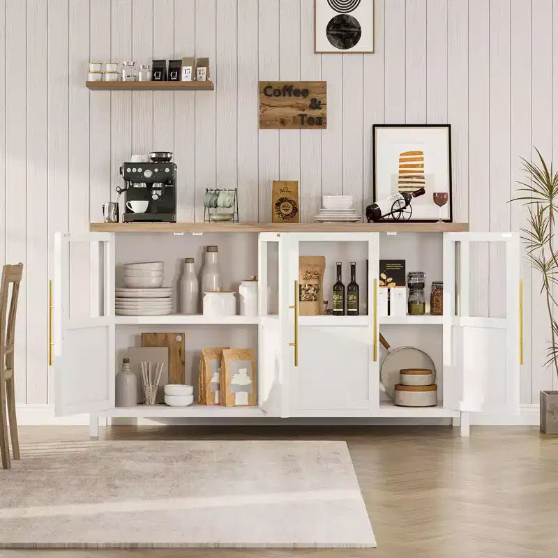 55 Sideboard Buffet Cabinet with 4 Glass Doors - Wine Bar Display Cabinet for Kitchen Dining Room Living Room