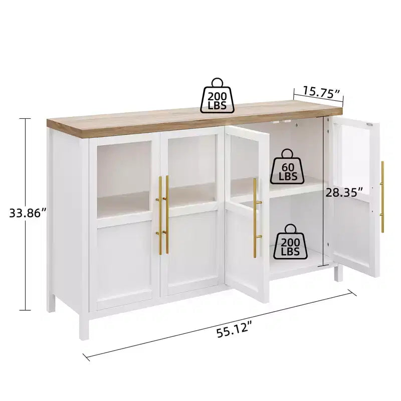 55 Sideboard Buffet Cabinet with 4 Glass Doors - Wine Bar Display Cabinet for Kitchen Dining Room Living Room