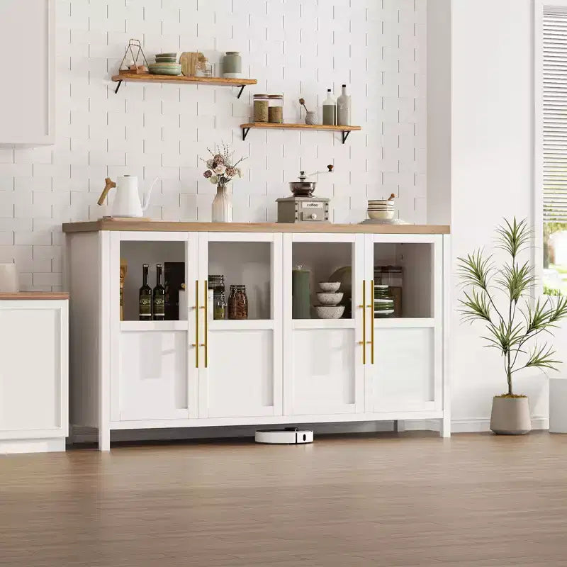 55 Sideboard Buffet Cabinet with 4 Glass Doors - Wine Bar Display Cabinet for Kitchen Dining Room Living Room