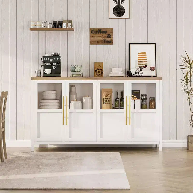 55 Sideboard Buffet Cabinet with 4 Glass Doors - Wine Bar Display Cabinet for Kitchen Dining Room Living Room