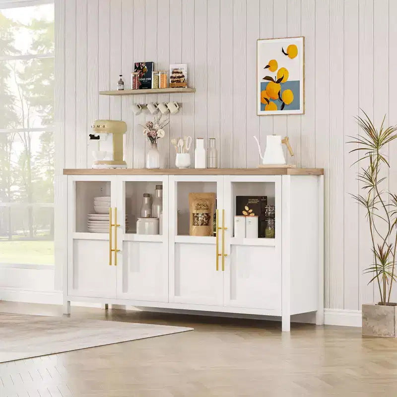55 Sideboard Buffet Cabinet with 4 Glass Doors - Wine Bar Display Cabinet for Kitchen Dining Room Living Room