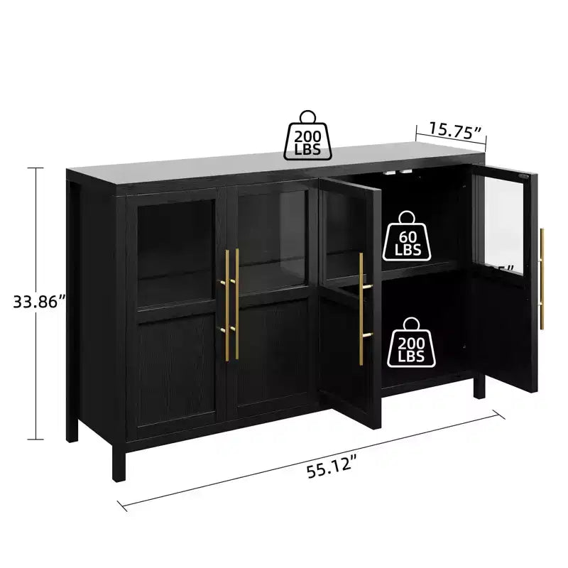 55 Sideboard Buffet Cabinet with 4 Glass Doors - Wine Bar Display Cabinet for Kitchen Dining Room Living Room