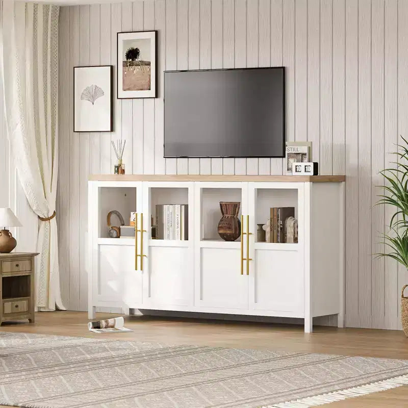 55 Sideboard Buffet Cabinet with 4 Glass Doors - Wine Bar Display Cabinet for Kitchen Dining Room Living Room