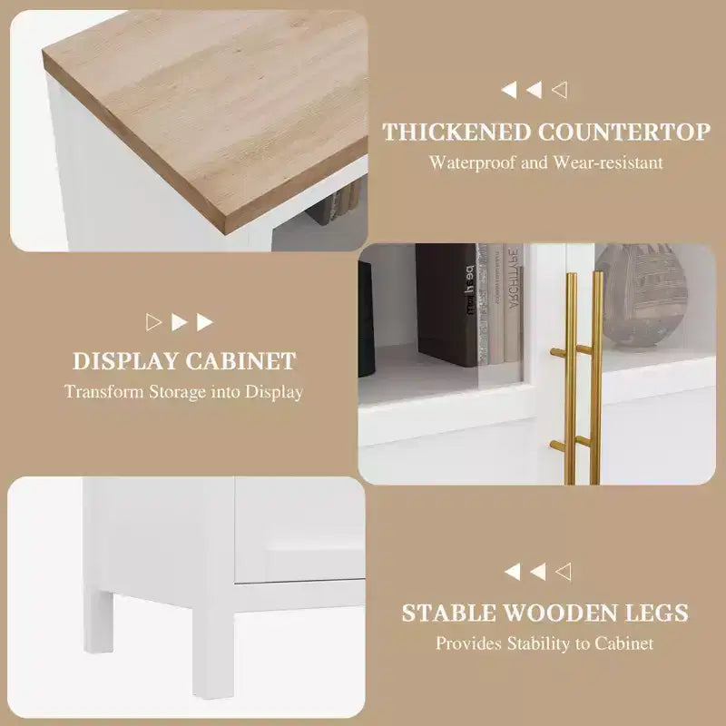 55 Sideboard Buffet Cabinet with 4 Glass Doors - Wine Bar Display Cabinet for Kitchen Dining Room Living Room