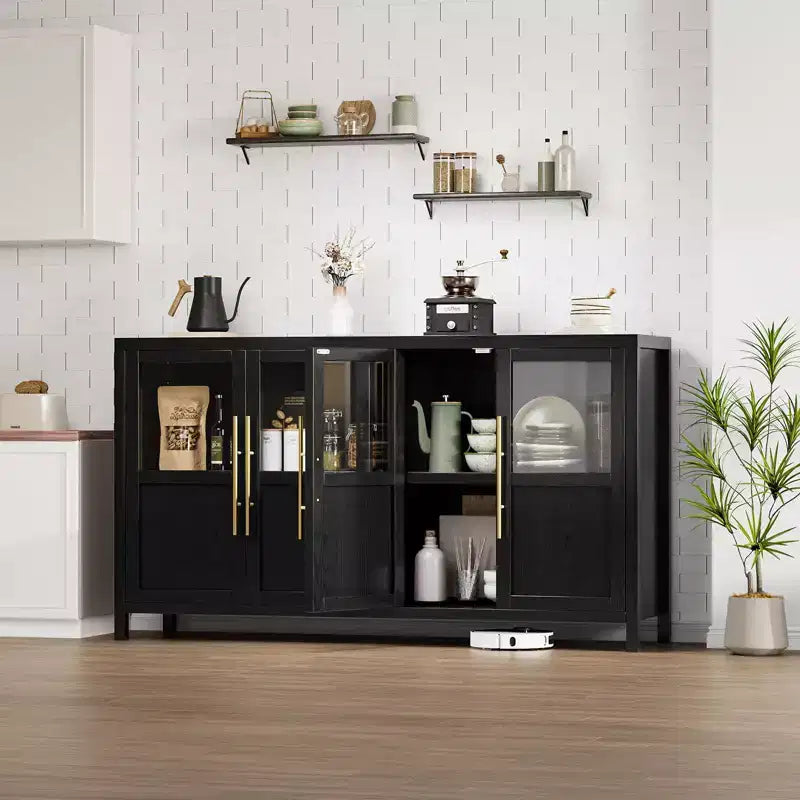 55 Sideboard Buffet Cabinet with 4 Glass Doors - Wine Bar Display Cabinet for Kitchen Dining Room Living Room