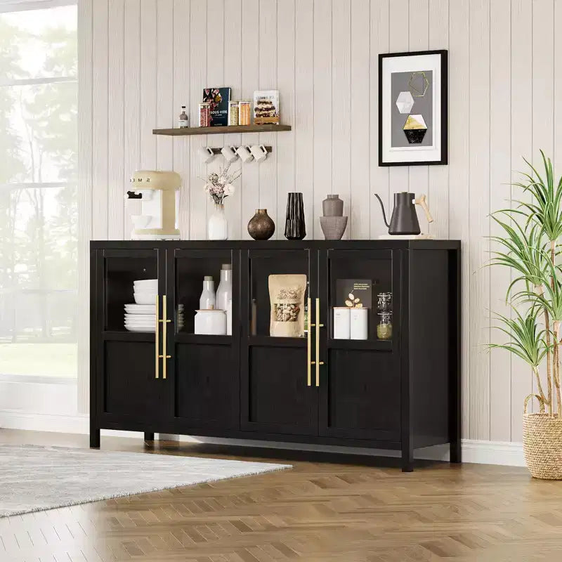55 Sideboard Buffet Cabinet with 4 Glass Doors - Wine Bar Display Cabinet for Kitchen Dining Room Living Room
