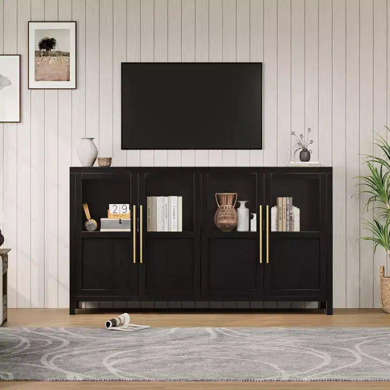 55 Sideboard Buffet Cabinet with 4 Glass Doors - Wine Bar Display Cabinet for Kitchen Dining Room Living Room