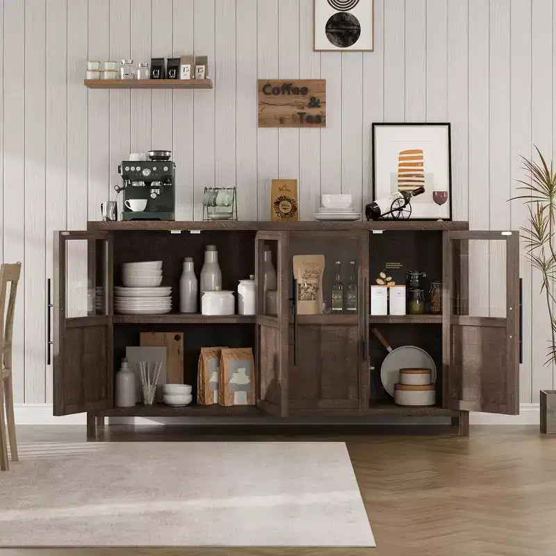 55 Sideboard Buffet Cabinet with 4 Glass Doors - Wine Bar Display Cabinet for Kitchen Dining Room Living Room