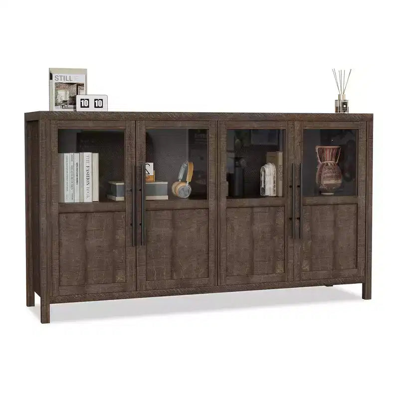 55 Sideboard Buffet Cabinet with 4 Glass Doors - Wine Bar Display Cabinet for Kitchen Dining Room Living Room