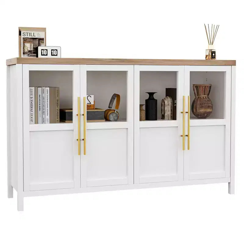 55 Sideboard Buffet Cabinet with 4 Glass Doors - Wine Bar Display Cabinet for Kitchen Dining Room Living Room