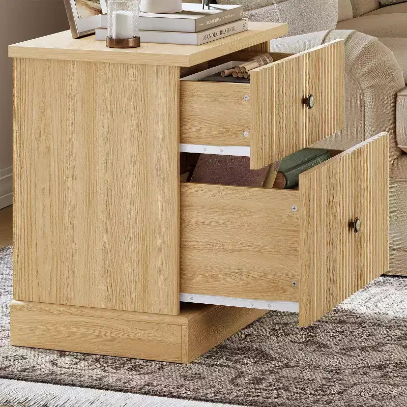 Nightstand, End Table  Fluted 2-Drawer Bedside Cabinet, Mid Century Modern Wood Storage for Bedroom, Living Room, Light Oak