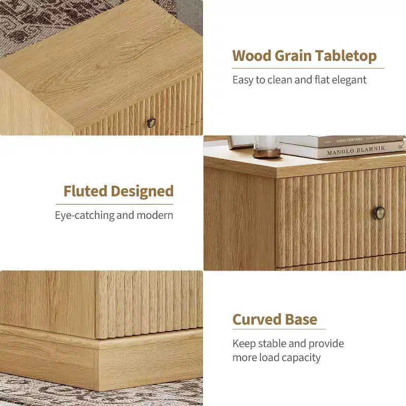 Nightstand, End Table  Fluted 2-Drawer Bedside Cabinet, Mid Century Modern Wood Storage for Bedroom, Living Room, Light Oak