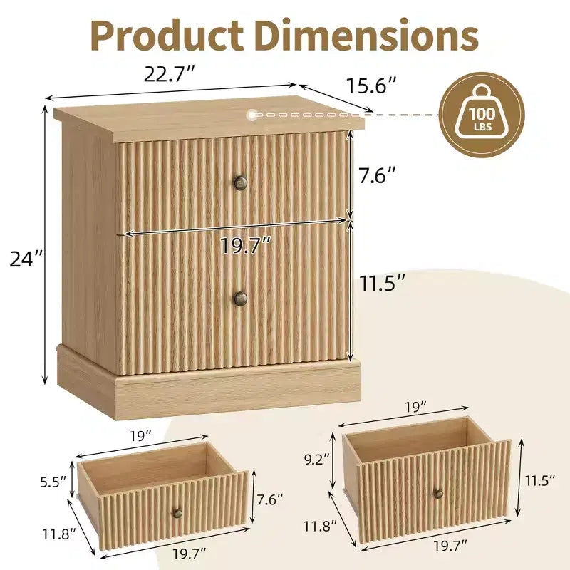 Nightstand, End Table  Fluted 2-Drawer Bedside Cabinet, Mid Century Modern Wood Storage for Bedroom, Living Room, Light Oak