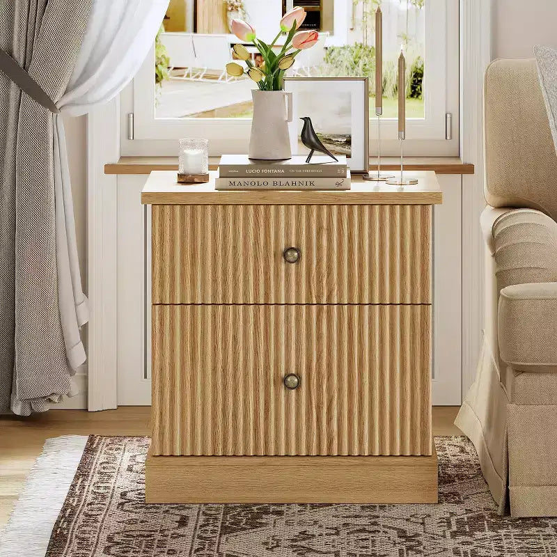 Nightstand, End Table  Fluted 2-Drawer Bedside Cabinet, Mid Century Modern Wood Storage for Bedroom, Living Room, Light Oak