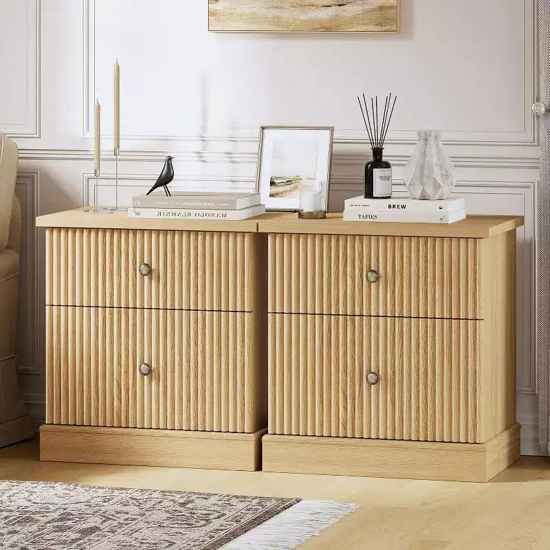 Nightstand, End Table  Fluted 2-Drawer Bedside Cabinet, Mid Century Modern Wood Storage for Bedroom, Living Room, Light Oak