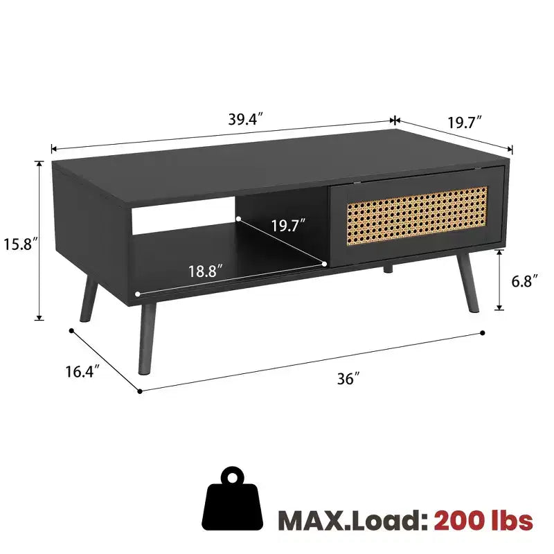 Boho Rattan Coffee Table, 39.4 Modern Coffee Table with Sliding Door and Open Shelf, Waterproof Wooden Living Room Table with Anti-Slip Footpads