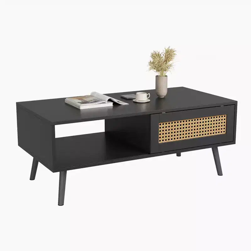 Boho Rattan Coffee Table, 39.4 Modern Coffee Table with Sliding Door and Open Shelf, Waterproof Wooden Living Room Table with Anti-Slip Footpads