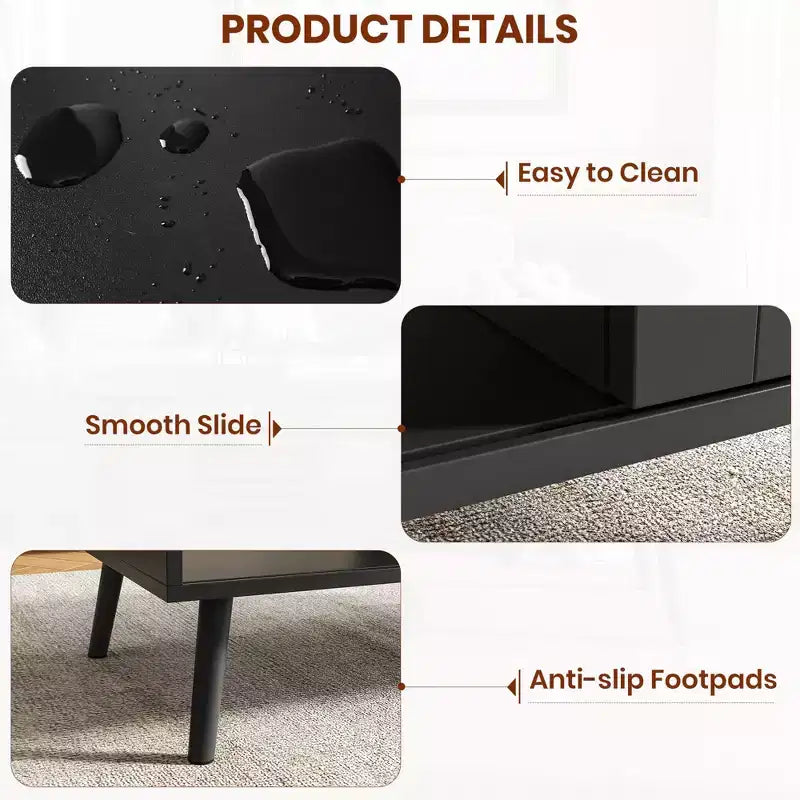 Boho Rattan Coffee Table, 39.4 Modern Coffee Table with Sliding Door and Open Shelf, Waterproof Wooden Living Room Table with Anti-Slip Footpads